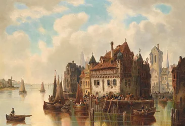 Fantasy utsikt över en stad vid floden